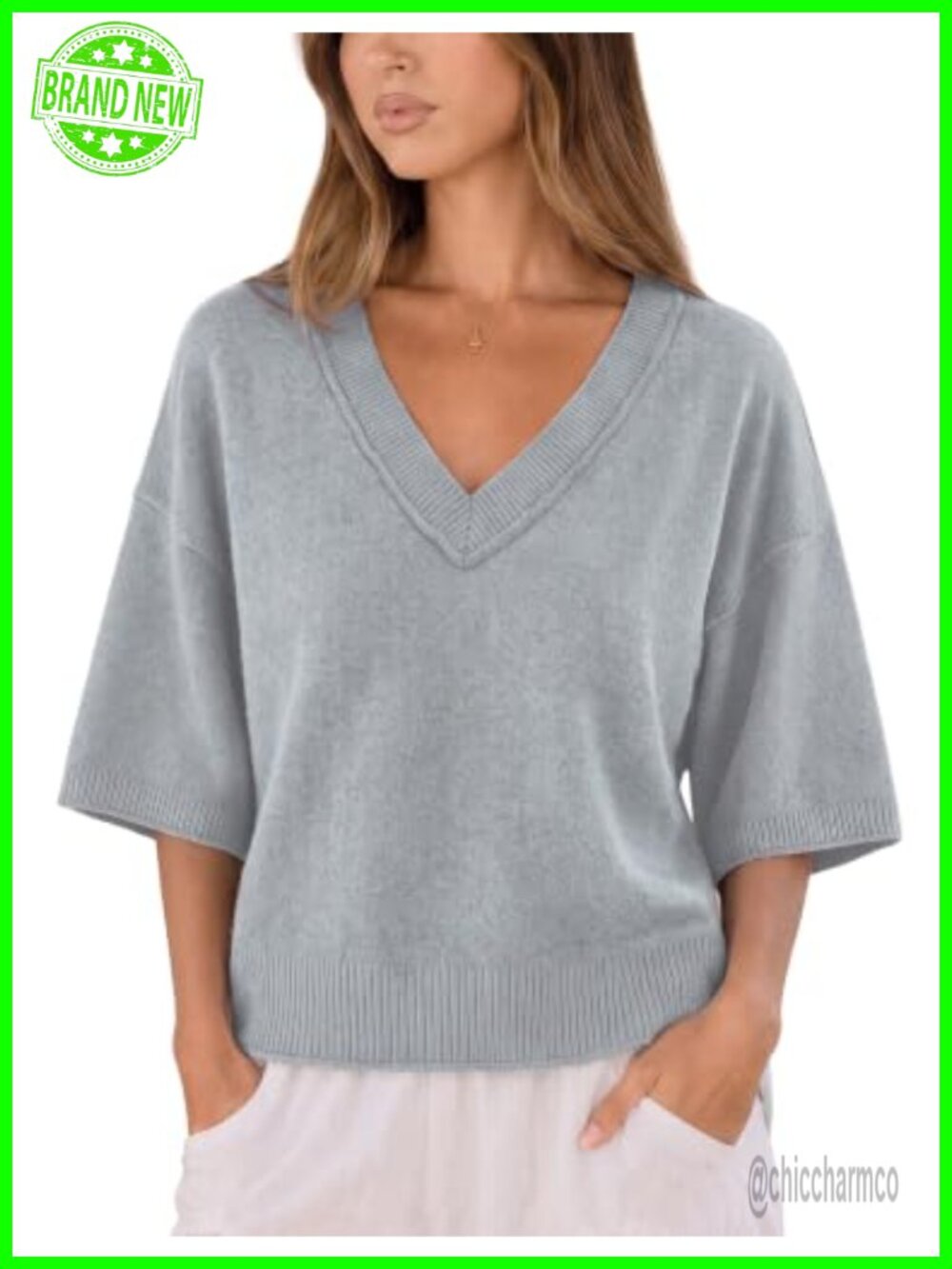 Womens Short Sleeve Sweater Cropped V Neck Oversized Knit Top Lightweight